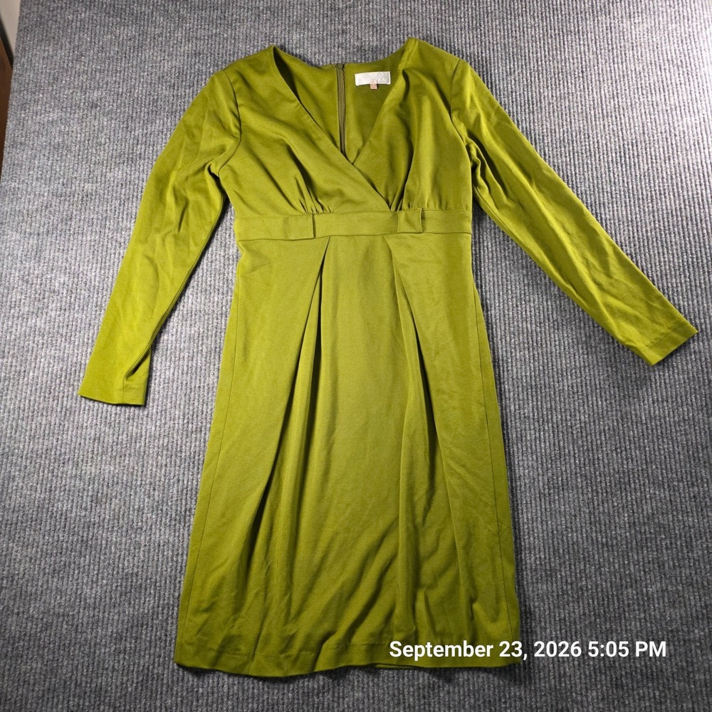 Badgley Mischka Olive Green V-Neck Pleated Empire Waist Sheath Dress Size 8
